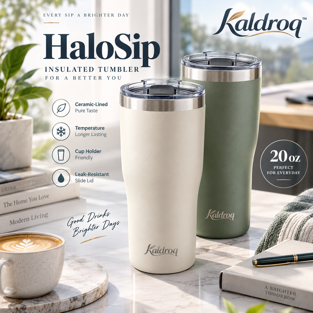Kaldroq™ HaloSip 20 oz Ceramic-Lined Insulated Tumbler with Slide Lid – Stainless Steel Travel Coffee Cup