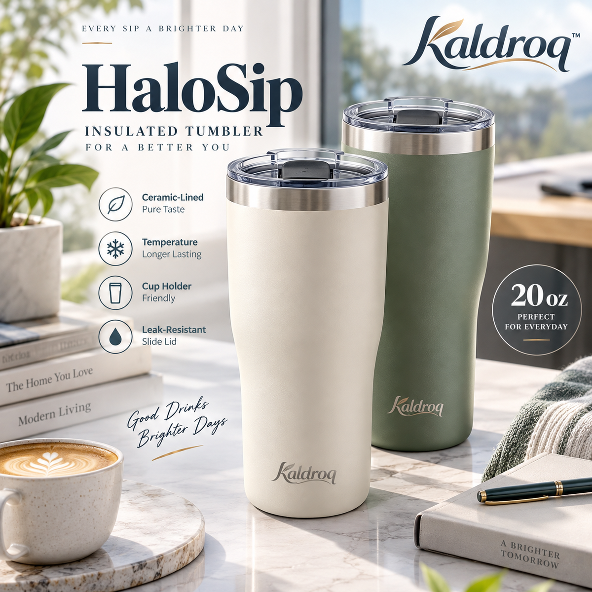 Kaldroq™ HaloSip 20 oz Ceramic-Lined Insulated Tumbler with Slide Lid – Stainless Steel Travel Coffee Cup