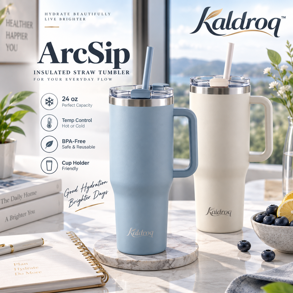 Kaldroq™ ArcSip 24 oz Insulated Straw Tumbler – Double-Wall Stainless Steel Everyday Water Cup
