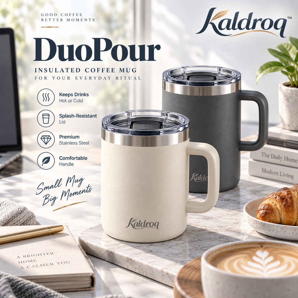 Kaldroq™ DuoPour 14 oz Insulated Coffee Mug with Handle – Lidded Stainless Steel Desk Cup