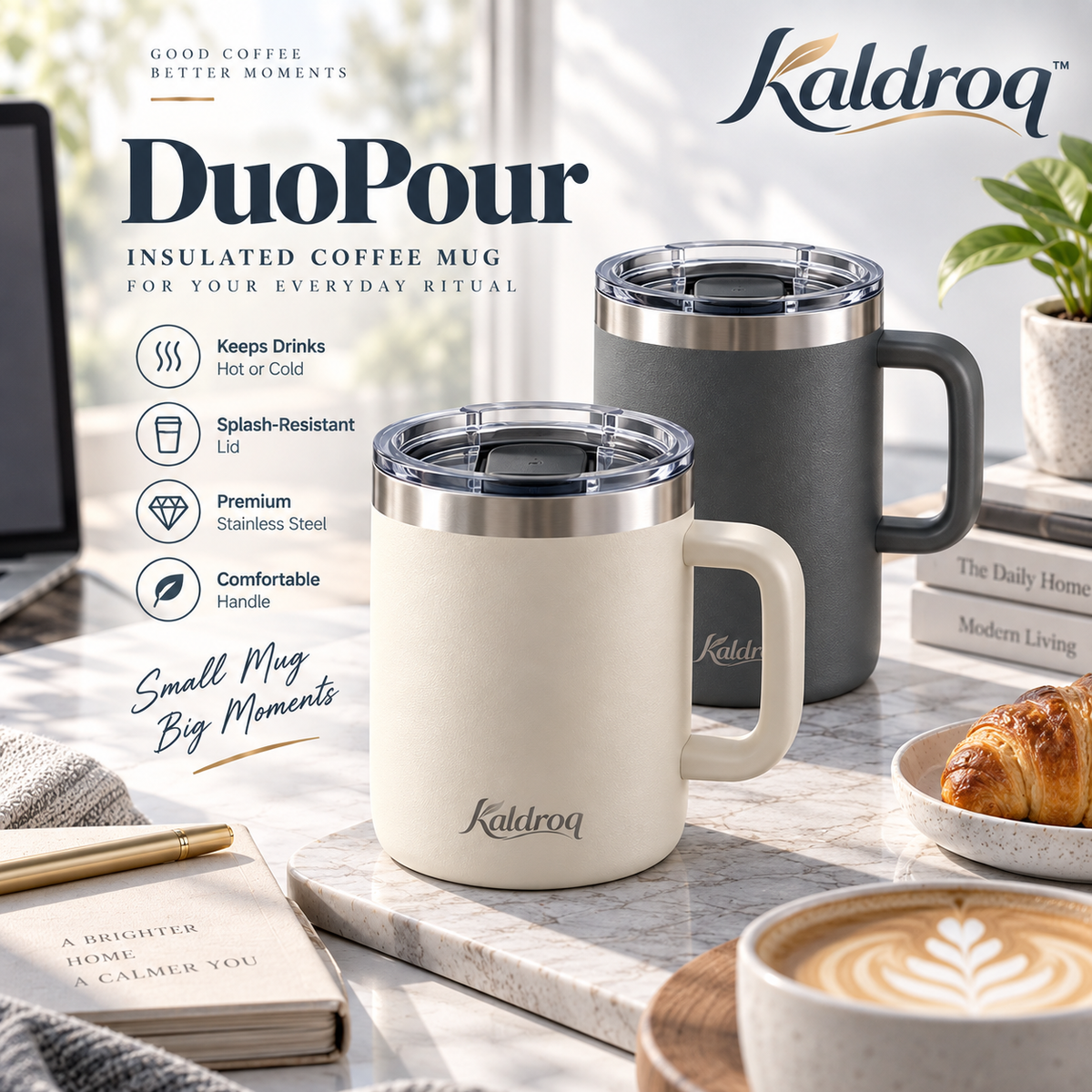 Kaldroq™ DuoPour 14 oz Insulated Coffee Mug with Handle – Lidded Stainless Steel Desk Cup