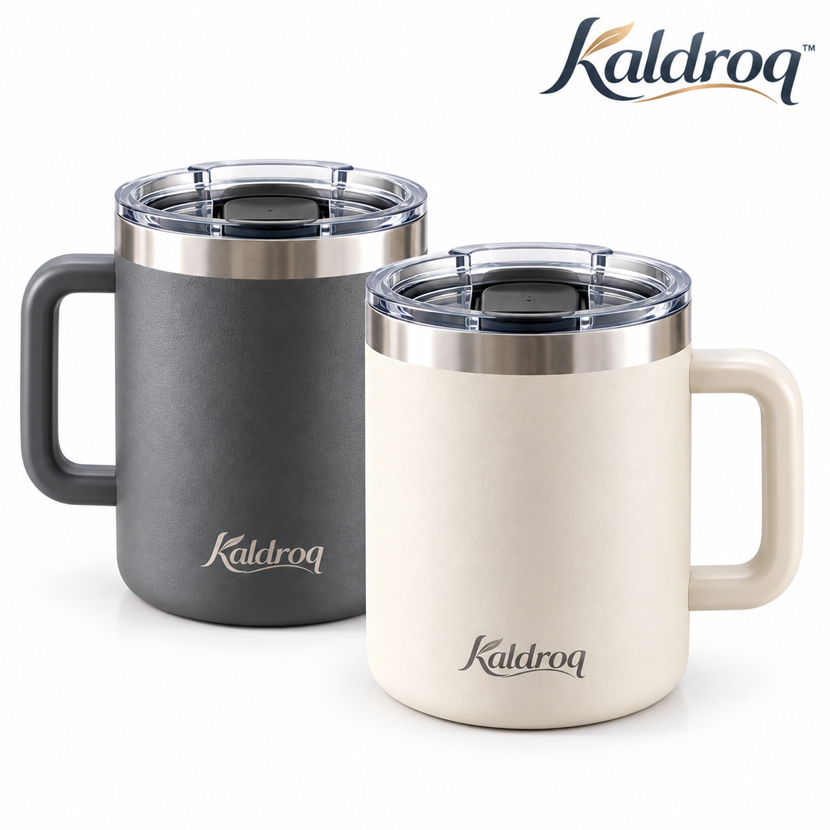 Kaldroq™ DuoPour 14 oz Insulated Coffee Mug with Handle – Lidded Stainless Steel Desk Cup
