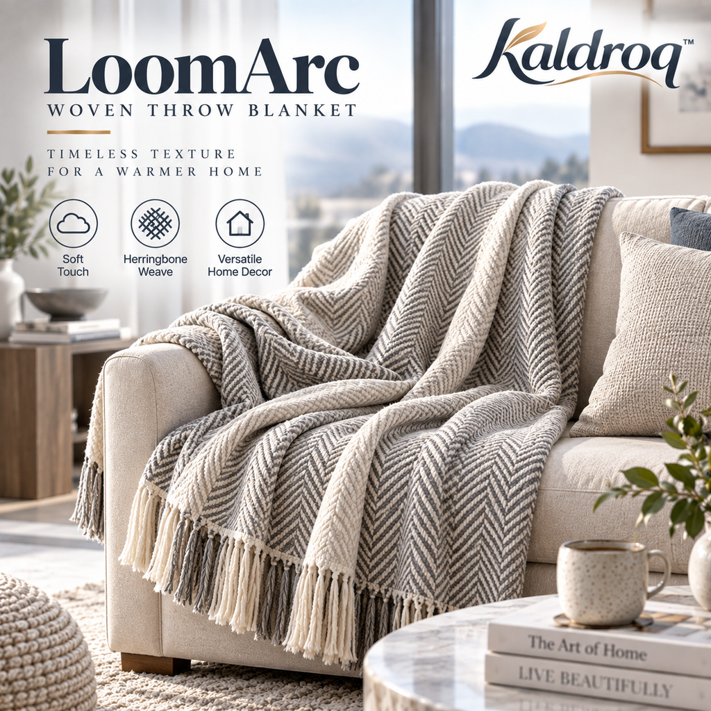 Kaldroq™ LoomArc 50 x 60 in Woven Herringbone Throw with Soft Fringe – Modern Decorative Blanket