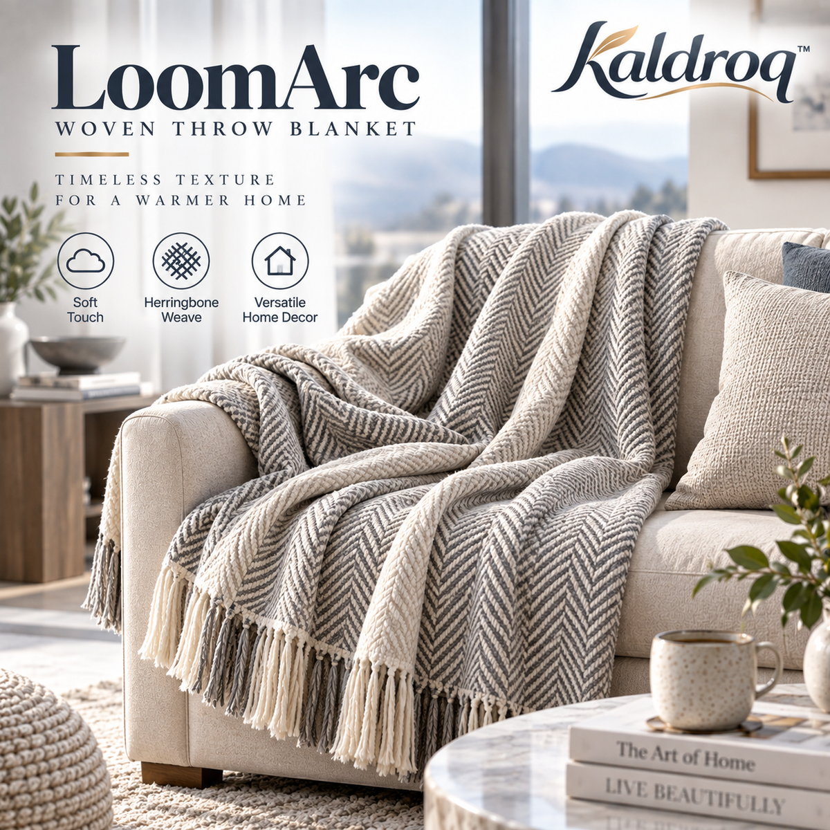 Kaldroq™ LoomArc 50 x 60 in Woven Herringbone Throw with Soft Fringe – Modern Decorative Blanket