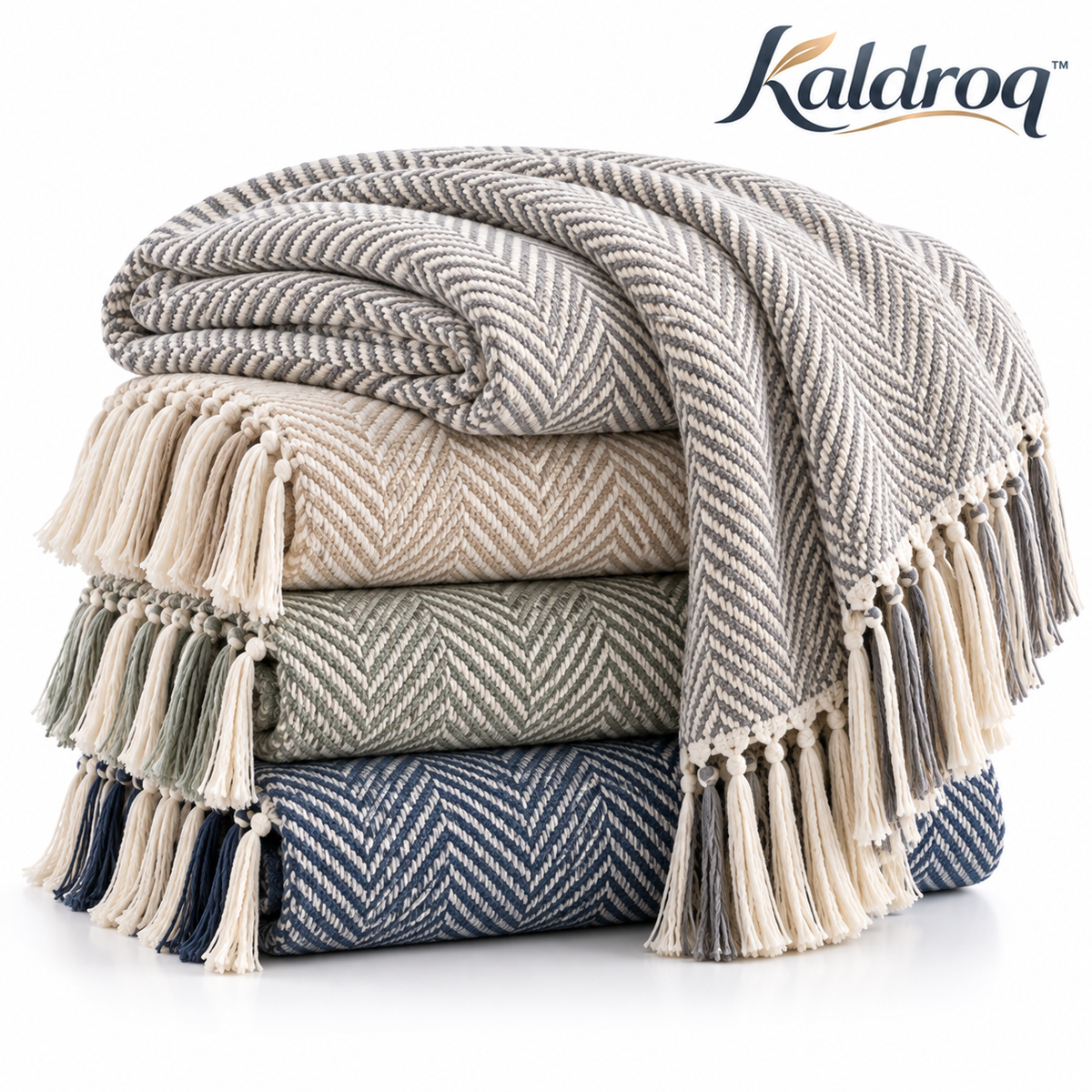 Kaldroq™ LoomArc 50 x 60 in Woven Herringbone Throw with Soft Fringe – Modern Decorative Blanket