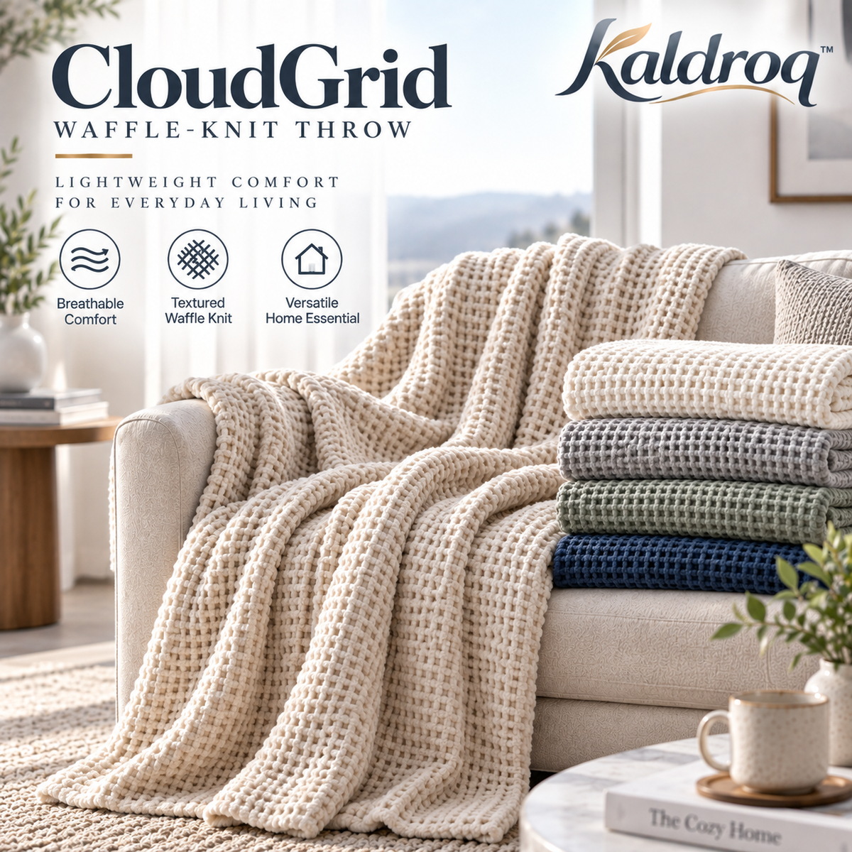 Kaldroq™ CloudGrid 50 x 60 in Waffle-Knit Everyday Throw – Breathable Textured Couch Blanket