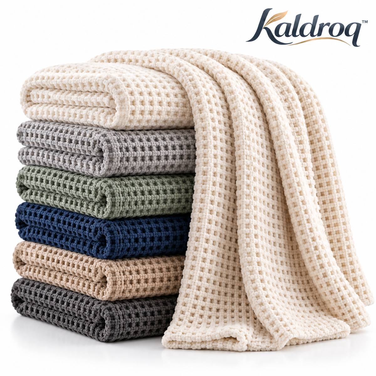 Kaldroq™ CloudGrid 50 x 60 in Waffle-Knit Everyday Throw – Breathable Textured Couch Blanket