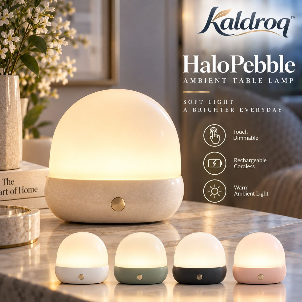 Kaldroq™ HaloPebble Rechargeable Ambient Table Lamp – Frosted Dome Touch Nightstand Light