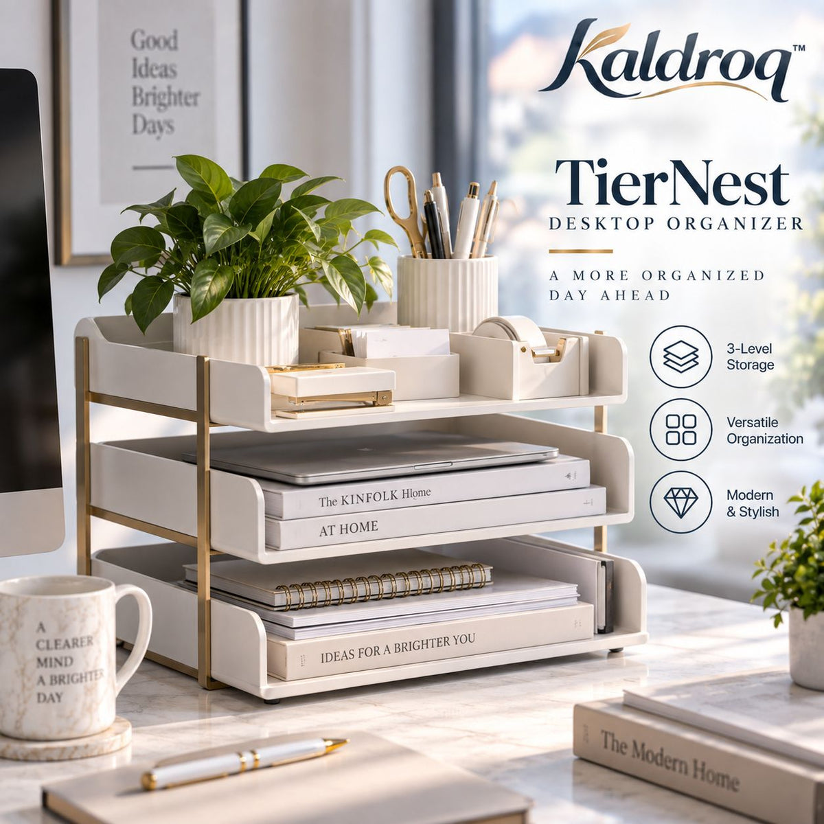 Kaldroq™ TierNest Modular Desktop Organizer – 3-Level Letter Tray & Accessories Station