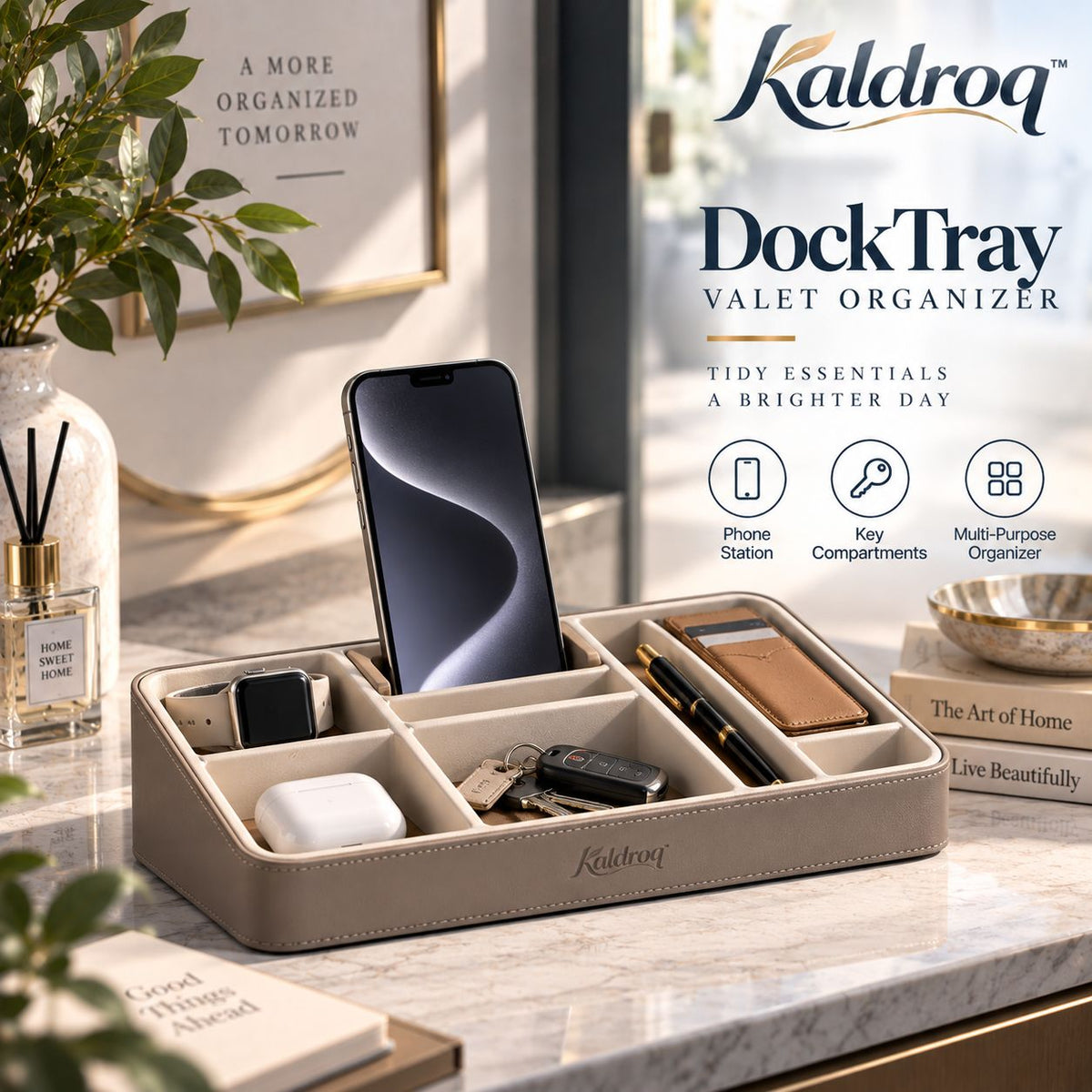 Kaldroq™ DockTray Valet Organizer – Entryway Catchall Tray with Phone & Key Compartments