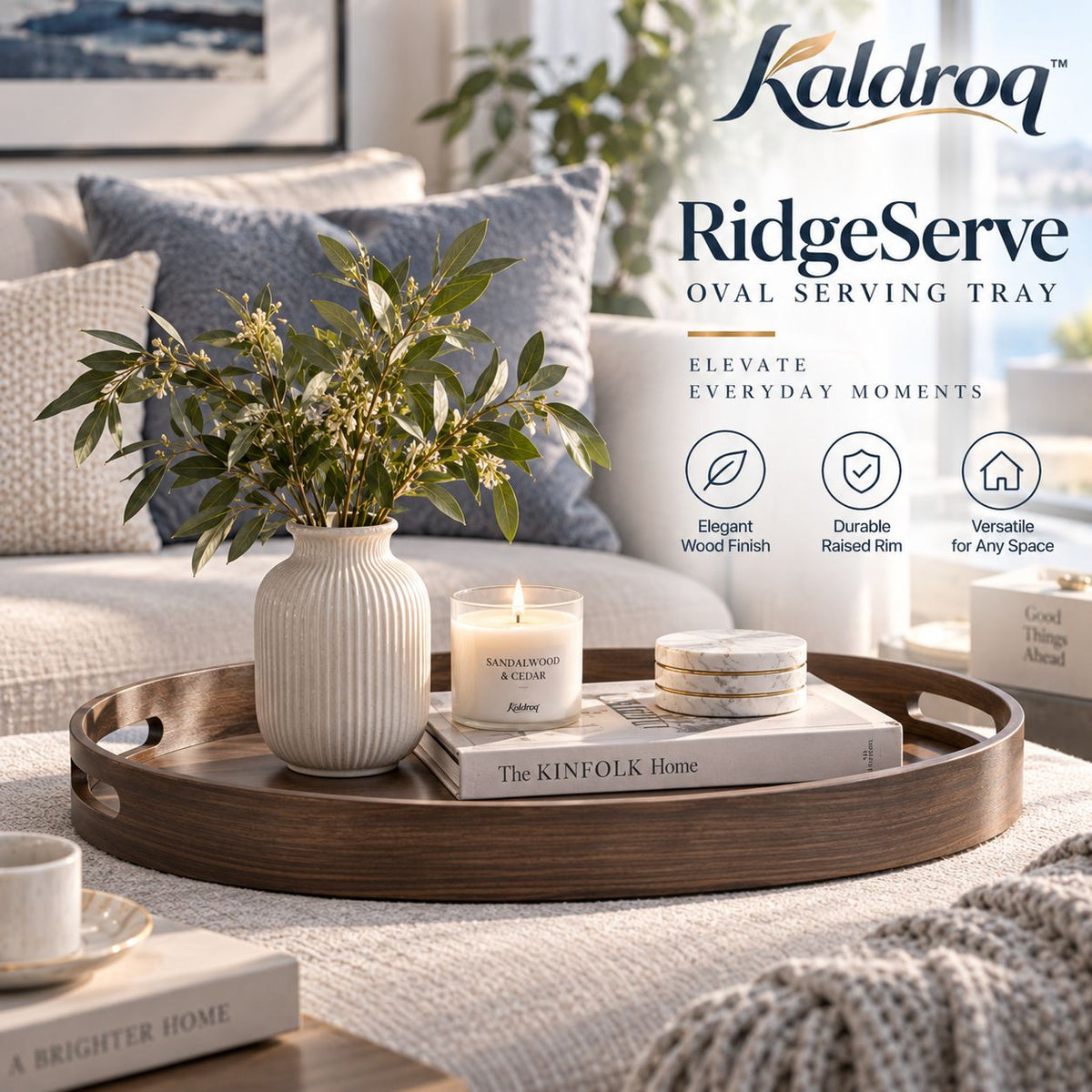 Kaldroq™ RidgeServe 17 in Oval Serving Tray – Raised-Rim Wood-Finish Coffee Table & Ottoman Tray