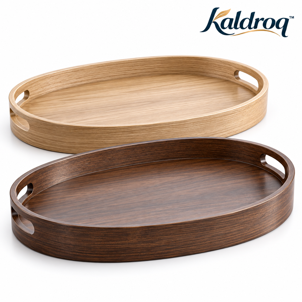 Kaldroq™ RidgeServe 17 in Oval Serving Tray – Raised-Rim Wood-Finish Coffee Table & Ottoman Tray