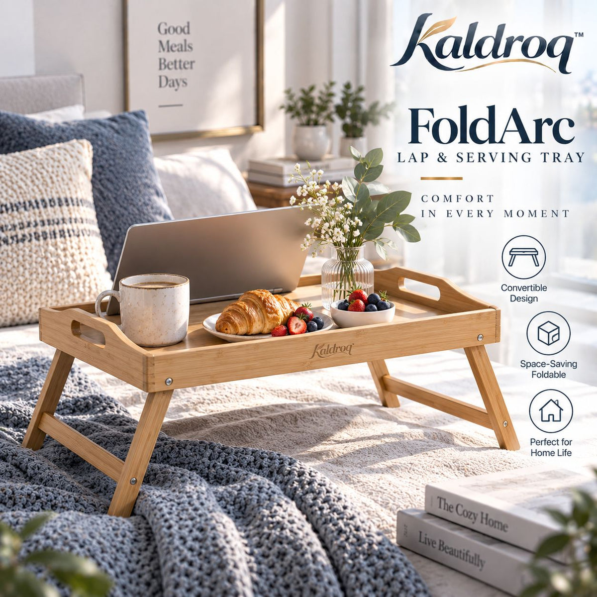 Kaldroq™ FoldArc 16 in Convertible Lap & Serving Tray – Folding-Leg Breakfast, Sofa & Laptop Tray